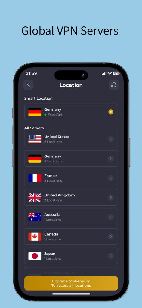 Shield VPN - Super Secure VPN - Shield VPN app screenshot showing a list of global server locations including USA UK and Germany.