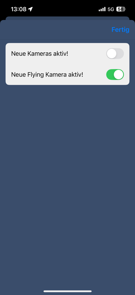 Notification settings screen in the feratel app showing toggle switches for new camera and flying camera alerts