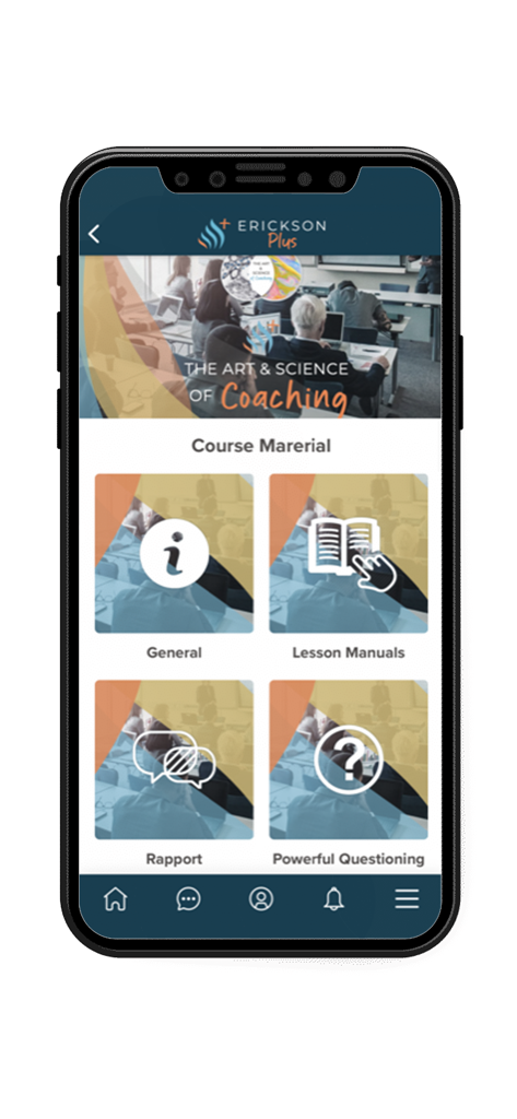 Erickson+ - A screenshot of the Erickson+ app displaying the course materials section with icons for lesson manuals rapport and powerful questioning
