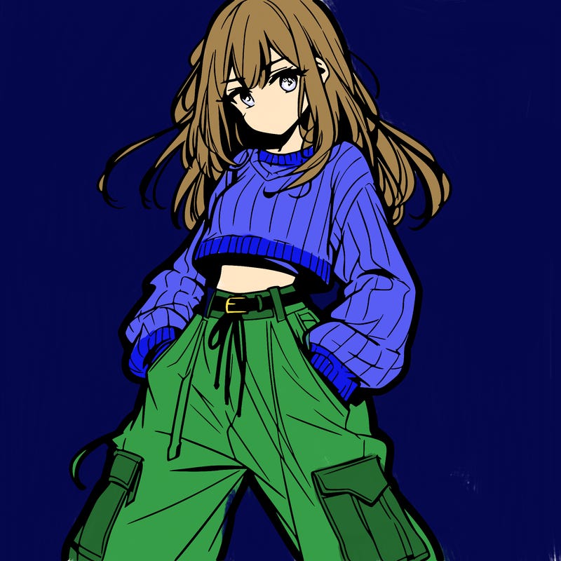 anime teen girl with baggy pants and crop top with sweater