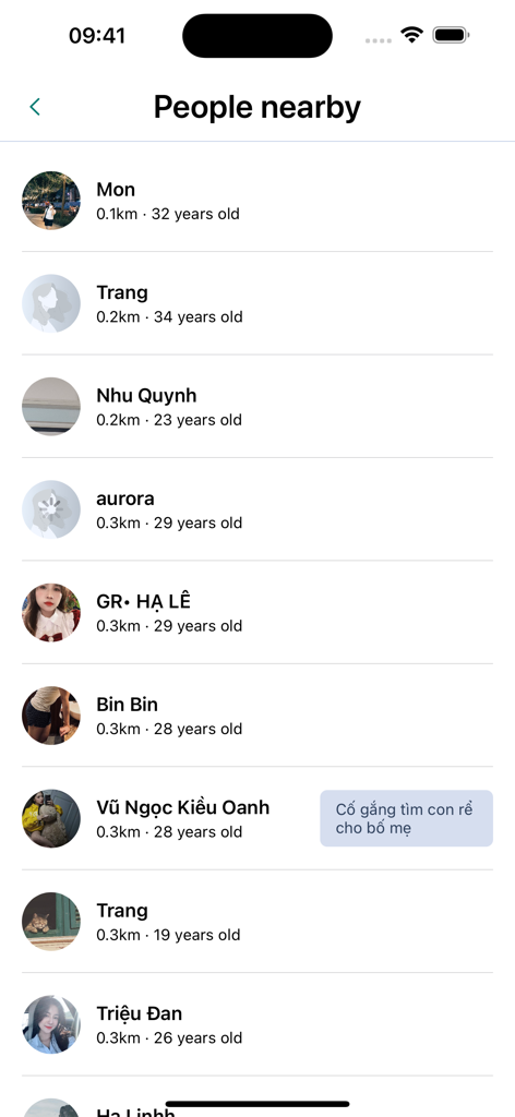 Mobile interface of the Cappo app showing a list of nearby people with their age and distance