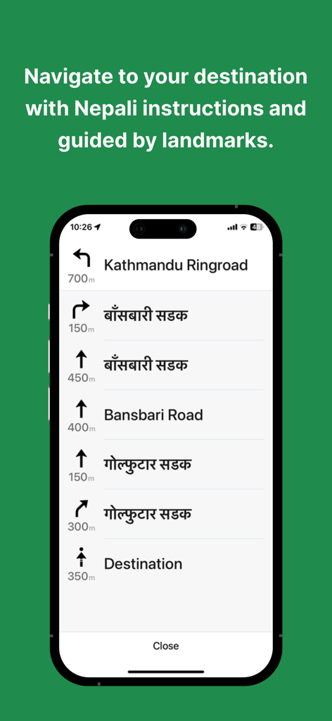 Baato Maps - Baato Maps app interface displaying turn by turn navigation steps in both Nepali and English text