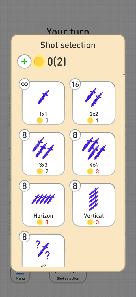 Seabattle batalies online - Shot selection menu in Seabattle batalies online game showing various strike patterns like 2x2 and horizontal with their coin costs