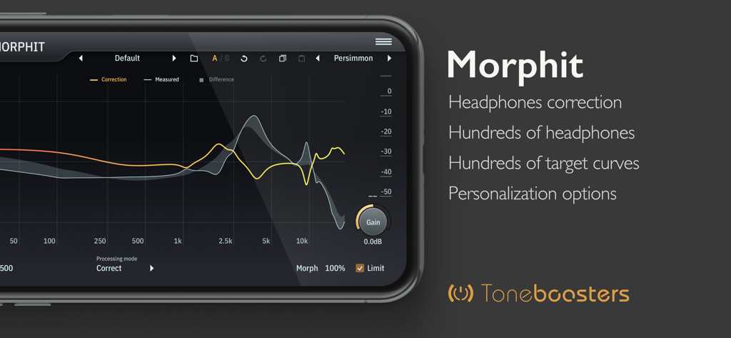 TB Morphit - Interface of the TB Morphit mobile app displaying a frequency response graph for professional headphone correction.