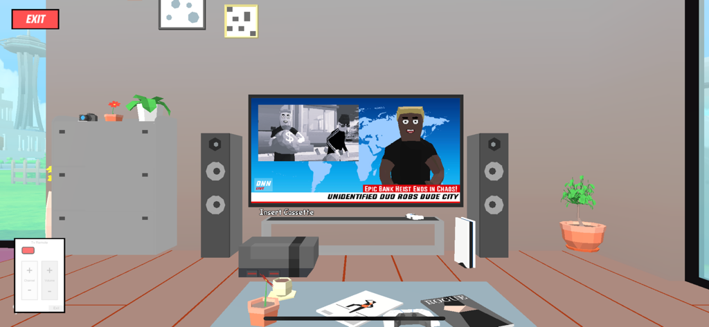 A low poly living room scene from Dude Theft Wars featuring a news broadcast about a bank heist on the television