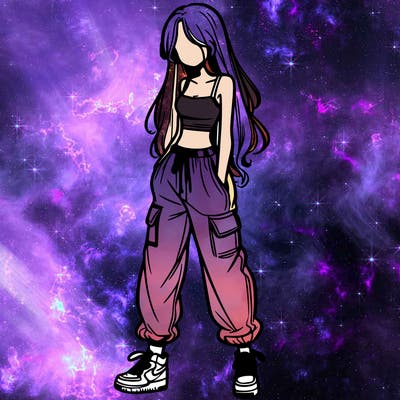 girl in baggy pants crop top and long hair