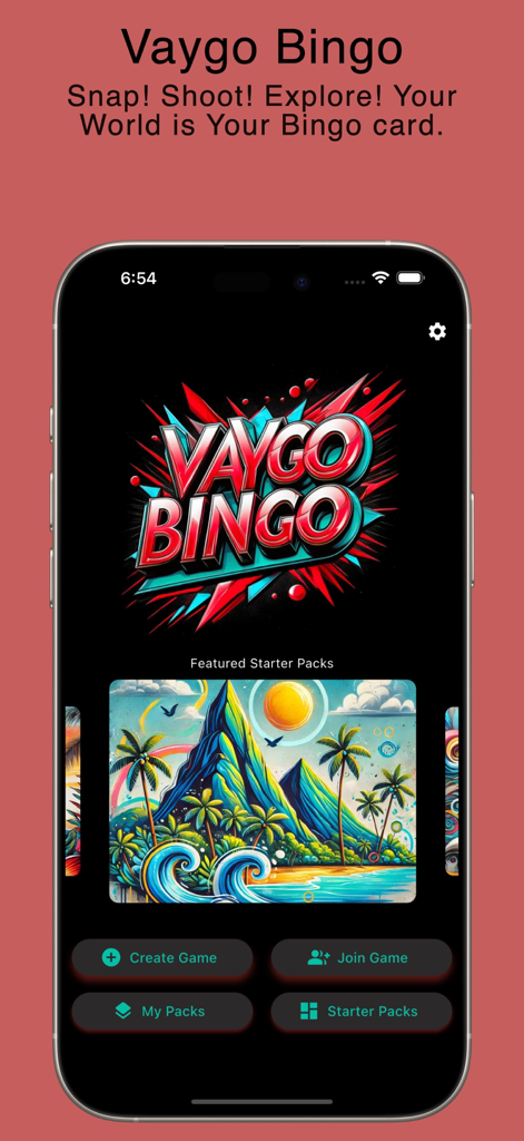 Vaygo Bingo - Travel Game - Home screen of the Vaygo Bingo travel game app on a smartphone showing featured starter bingo packs.