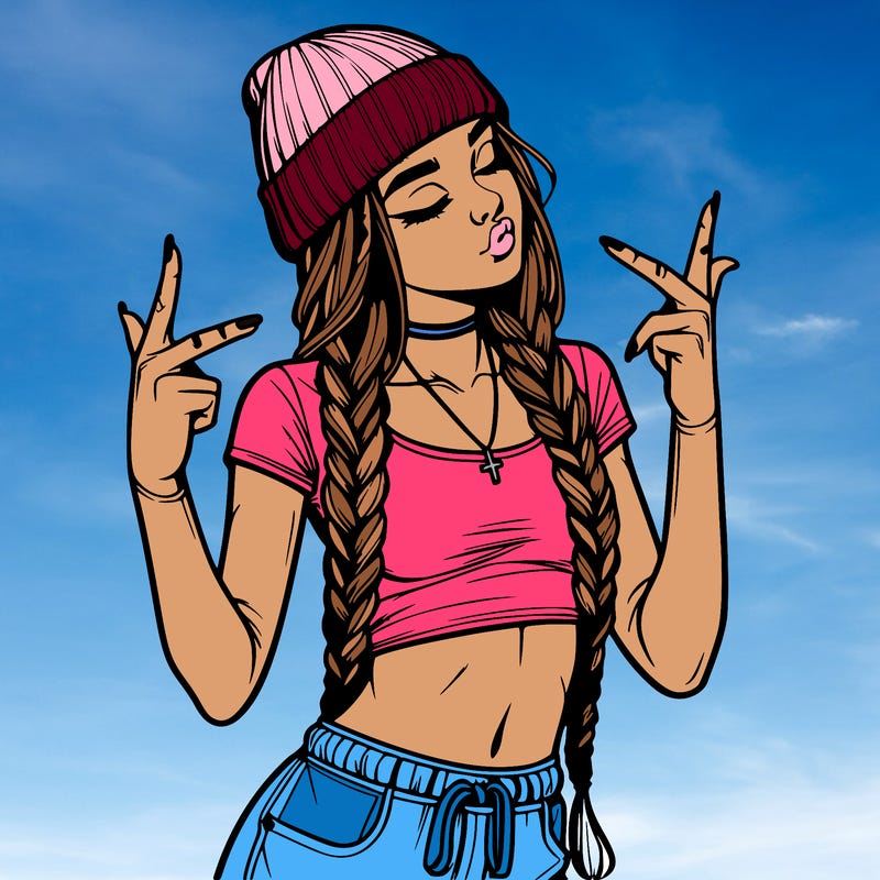 realistic teenage girl with braids and a beanie and crop top doing 🫶🏼