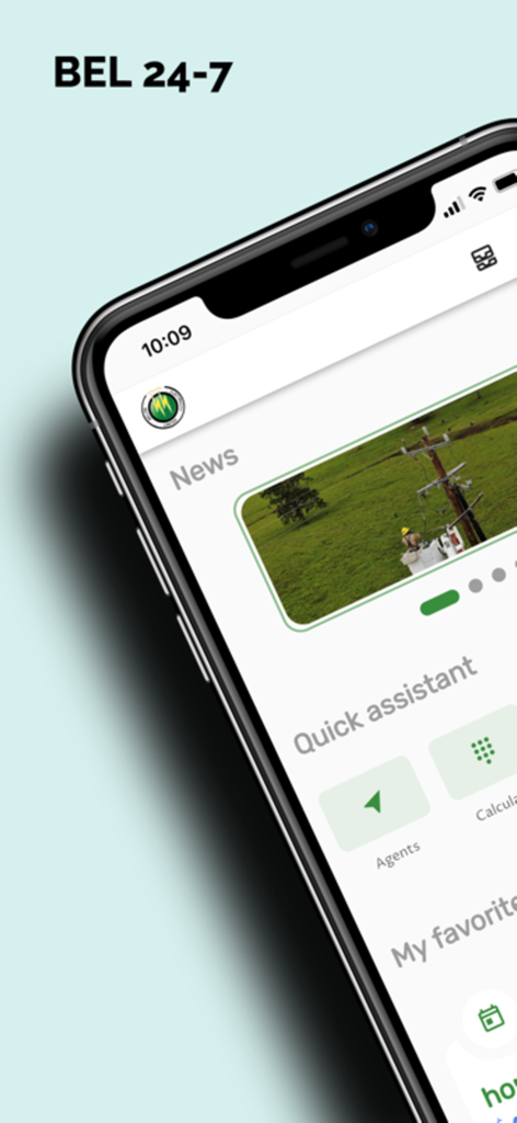 BEL 24-7 - Interface de l'application utilitaire BEL 24-7 montrant les mises à jour d'actualités et les outils d'assistance rapide sur un smartphone