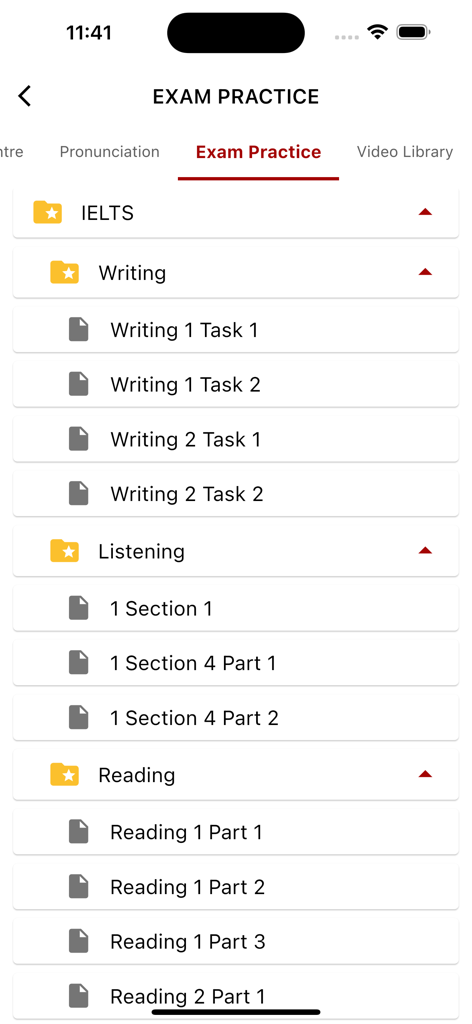 English Listening - 6mins - IELTS exam practice menu with writing listening and reading study sections