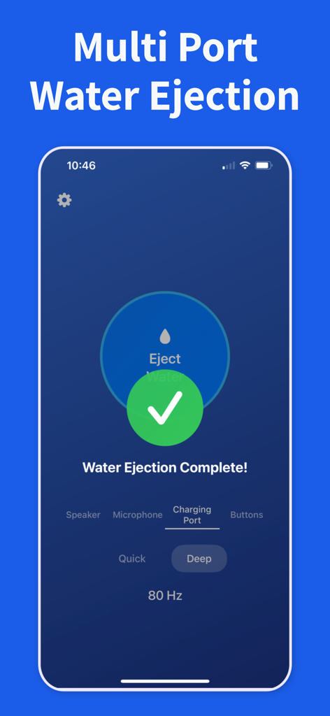 Water Remover, Speaker Cleaner - App interface showing successful water ejection from iPhone charging port