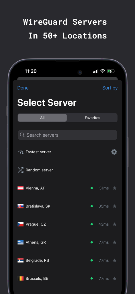IVPN iOS app server selection screen displaying WireGuard server locations and latency.