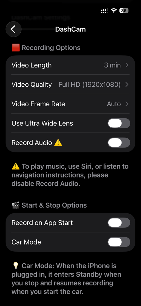 Settings screen of the DashCam Recorder app showing recording and start stop options.