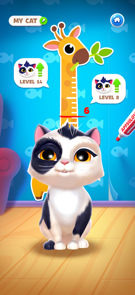 A black and white virtual cat standing in front of a giraffe height measurement chart in the game