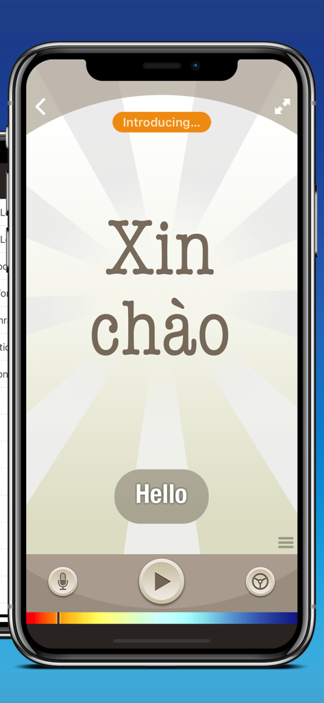 Mobile screen showing the Vietnamese phrase Xin chao with English translation Hello