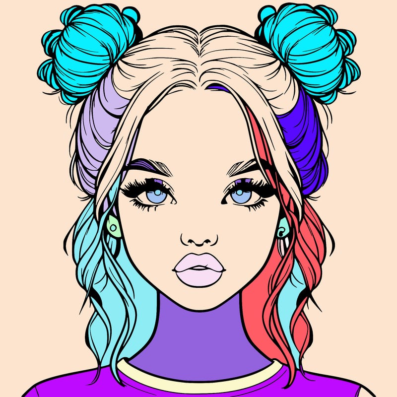 realistic girl with two buns in hair and lips