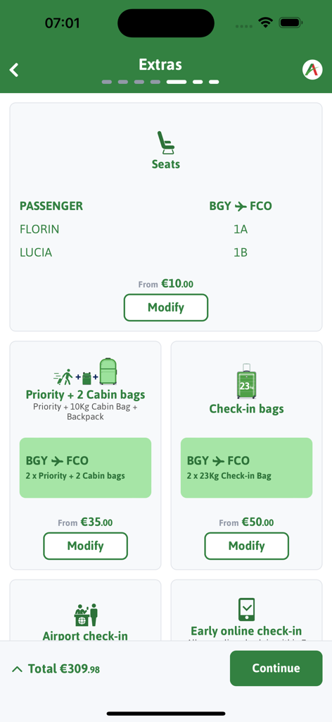 Schermata dell'app Aeroitalia per la selezione di extra volo come posti e bagagli.
