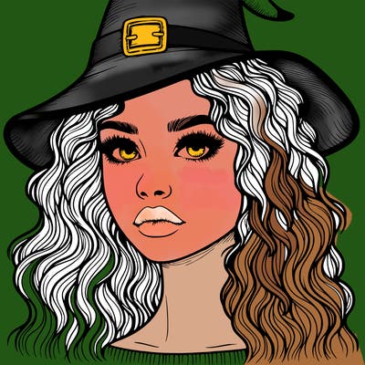 realistic girl with wavy hair a witch hat and a nose and lips and eyes