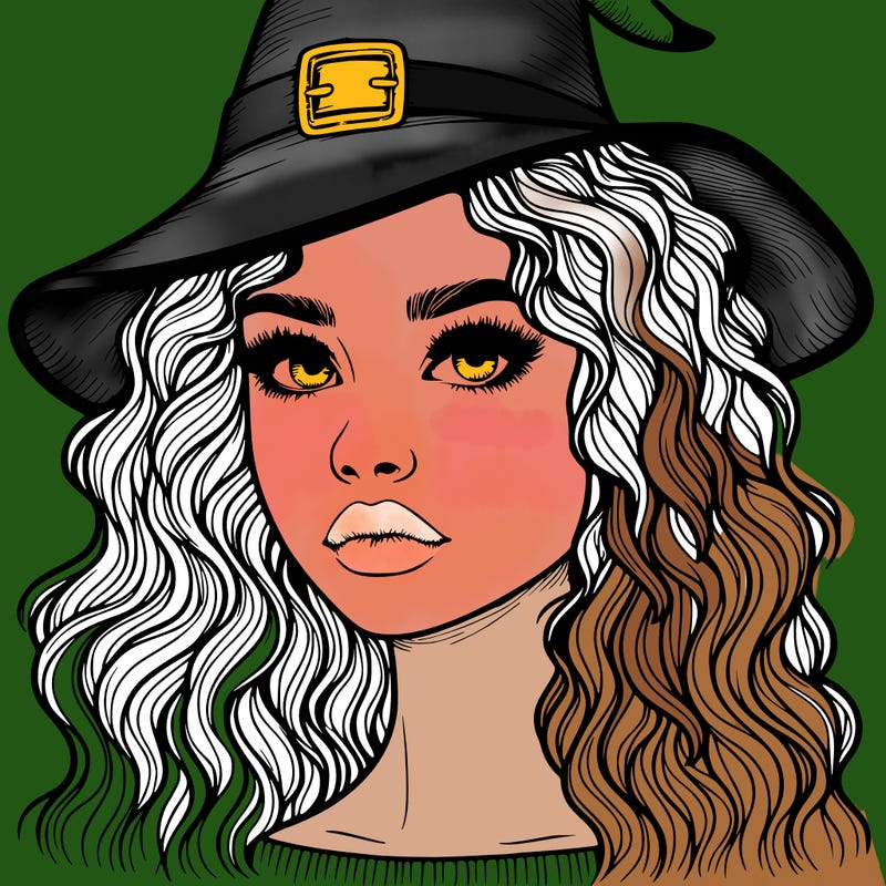 realistic girl with wavy hair a witch hat and a nose and lips and eyes