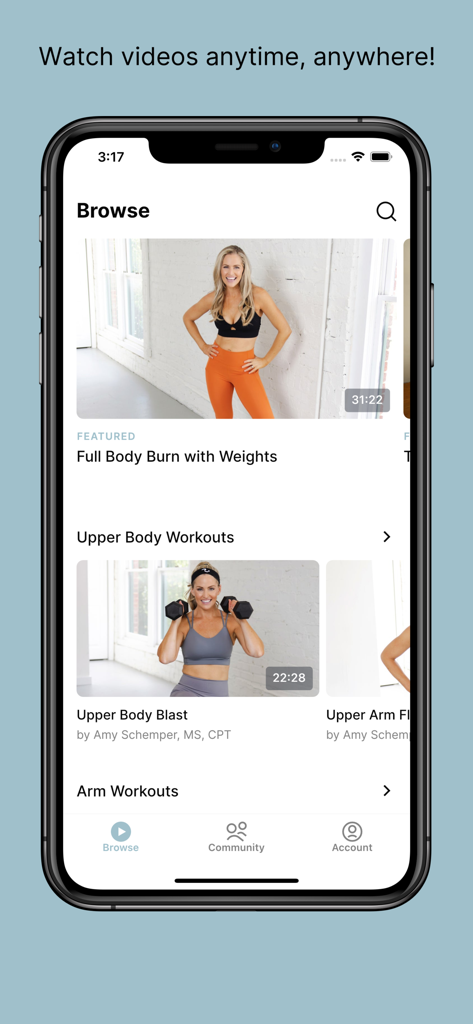 BodyFit by Amy - Browse screen of the BodyFit by Amy mobile app featuring various home workout videos