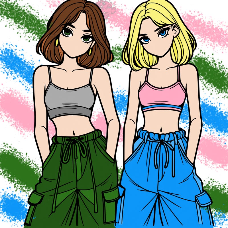 two girls with crop top with baggy pants