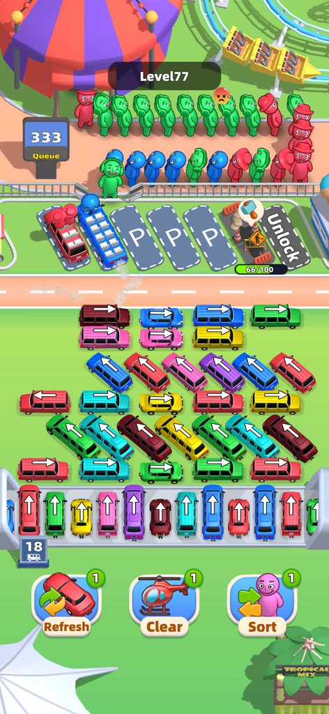 Gameplay screenshot of Car Jam 2 showing colorful cars in a sorting puzzle