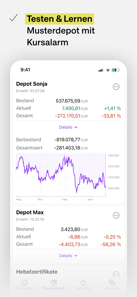 Interface de l'application onvista montrant un portefeuille virtuel avec des graphiques de performance boursière et des alertes de prix