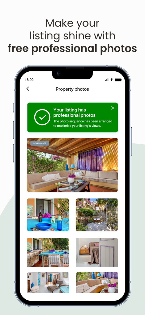 Application Holidu Host montrant des photos professionnelles de propriétés pour une annonce de location de vacances