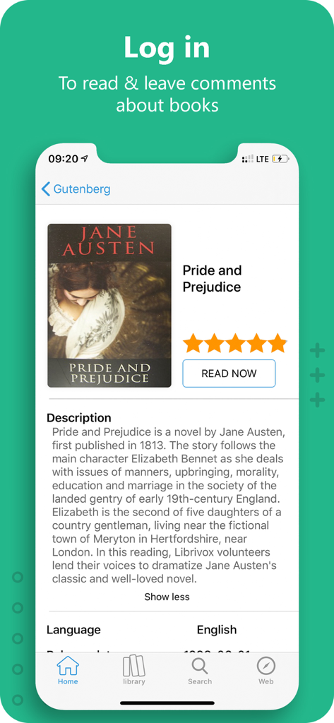 Screenshot of the Gutenberg Ebook Reader app displaying the book details page for Pride and Prejudice by Jane Austen