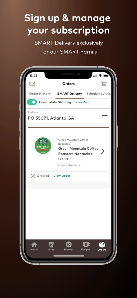 Keurig - Smartphone screen displaying Keurig smart delivery coffee subscription management for Green Mountain Coffee Roasters K-Cup pods.