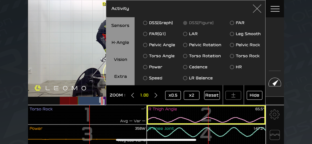 LEOMO Live Video Sync app dashboard displaying synchronized cycling video and biomechanical sensor graphs