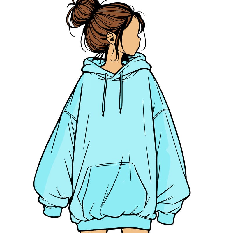 realistic girl with a oversized sweatshirt on and a bun