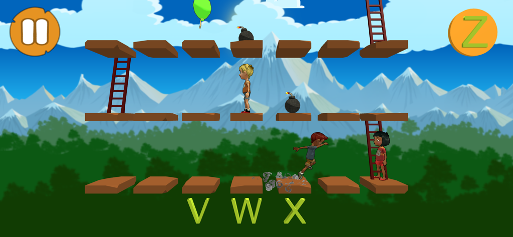 Children characters climbing ladders and platforms to learn alphabet letters V W and X in a mountain landscape