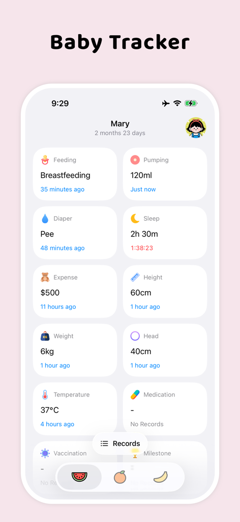 Ono Baby Tracker app dashboard showing daily logs for feeding sleep diaper changes and growth