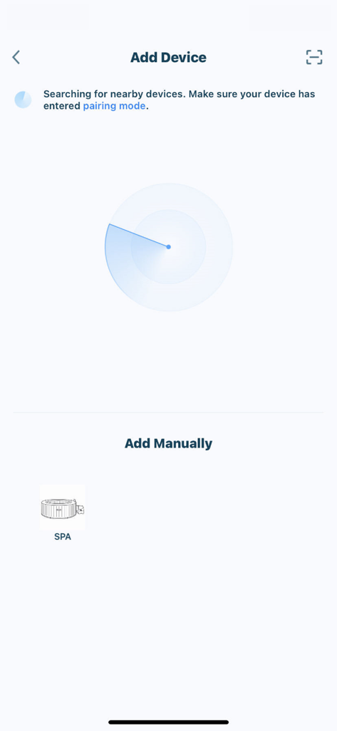 INTEX Link - The Add Device screen in the INTEX Link app showing a radar animation searching for nearby spa devices to pair.