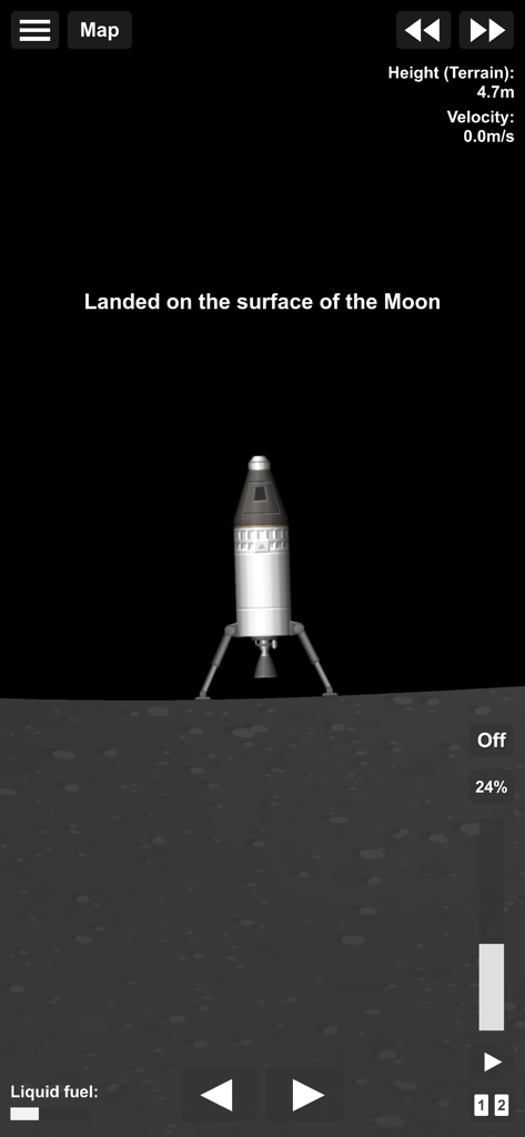A rocket module successfully landed on the surface of the Moon in Spaceflight Simulator.