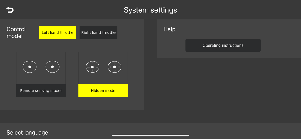 KY UFO system settings screen showing drone control model and throttle configuration options