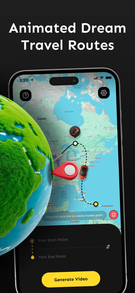 Travel Animator 3D Video-TripQ - Mobile app interface showing an animated 3D travel route on a map with a car icon