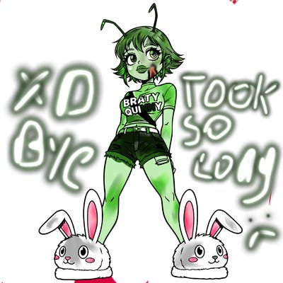 so i want a girl, but no normal one. she is a alien and has antennas and has glossy lips with a cute top that’s green and black that says: braty quinny and wears short jeans and she is wearing cute bunny slippers with short hair and she is looking upwards like she doesn’t care about anything.