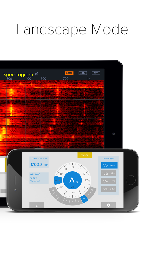 insTuner - Chromatic Tuner with Tone Generator - Aplicativo insTuner em modo paisagem mostrando espectrograma e interface de afinação cromática no iPhone e iPad