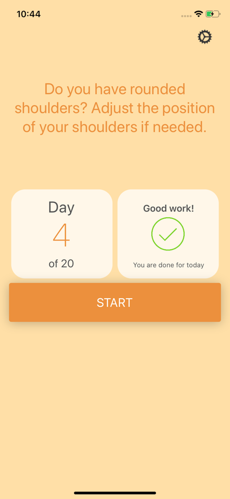 Interface of the Tech Neck app showing progress for a 20 day posture correction program