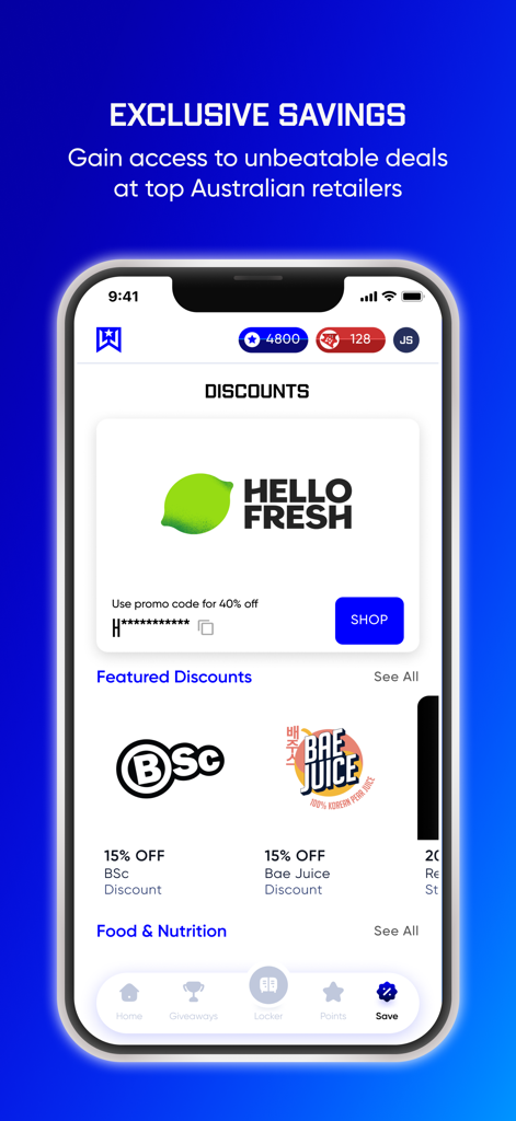 Winners Locker app screen showing exclusive member discounts and savings from top brands