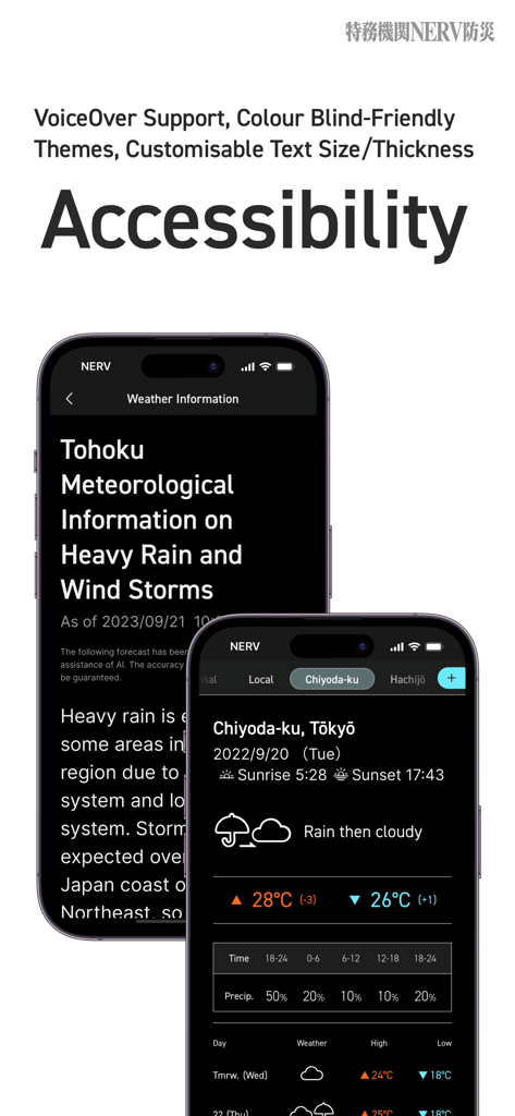 NERV Disaster Prevention - NERV Disaster Prevention app interface showcasing accessibility features including VoiceOver support and color-blind friendly themes.