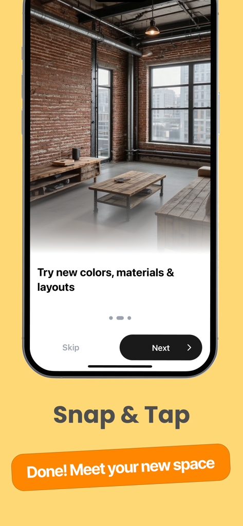 Archie – AI Interior Design - AI interior design app showing an industrial loft renovation with exposed brick walls and modern wood furniture