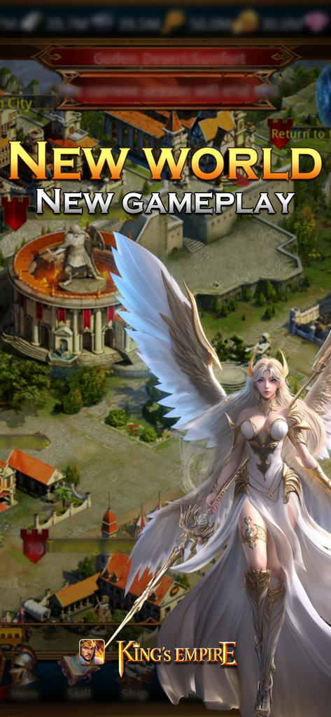 King's Empire - A winged female hero standing in front of a medieval city in Kings Empire