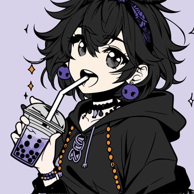 hot baddie anime girl drinking boba and biting the straw