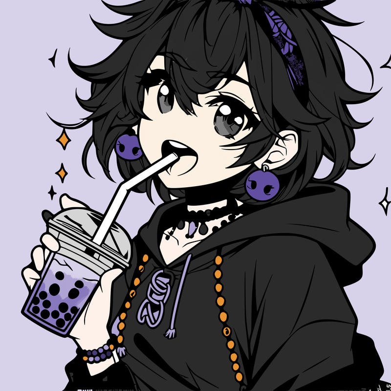 hot baddie anime girl drinking boba and biting the straw