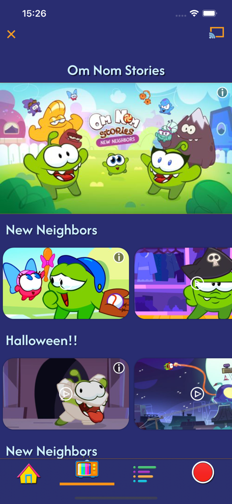 Toon Goggles Cartoons for Kids - Interfaz de la aplicación móvil Toon Goggles con episodios de dibujos animados de Om Nom Stories y un menú de navegación seguro para niños