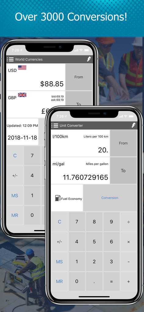 Calc Pro - The Top Calculator - Calc Pro app interface on iPhone showing world currency and fuel economy unit conversion screens