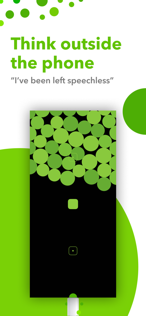 Blackbox - A minimalist screen from the Blackbox game featuring green bubbles and a charging cable with the slogan Think outside the phone